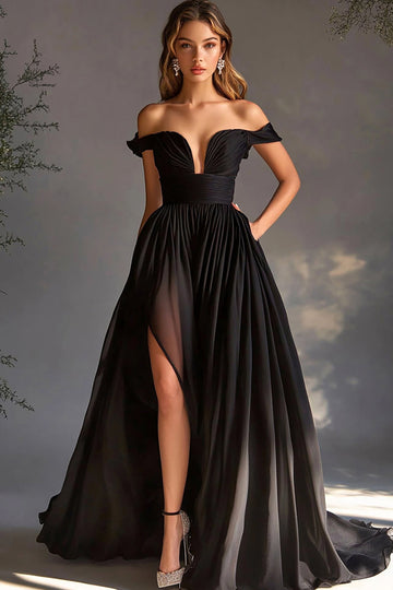 Black Off The Shoulder A Line Chiffon Long Formal Dress with Slit